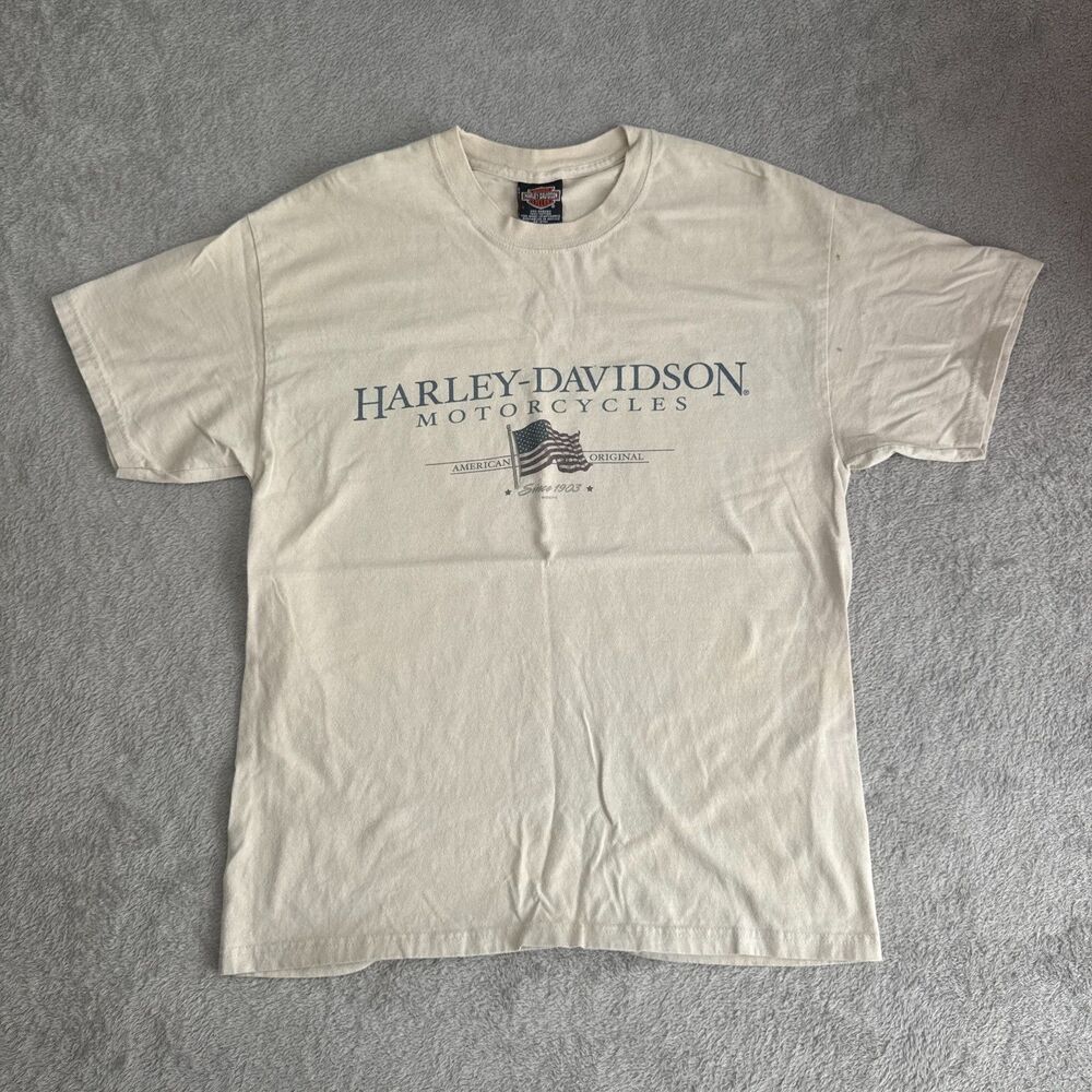 Vintage Harley Davidson T Shirt Mens Large Beige Cotton Crew Neck Biker Graphic